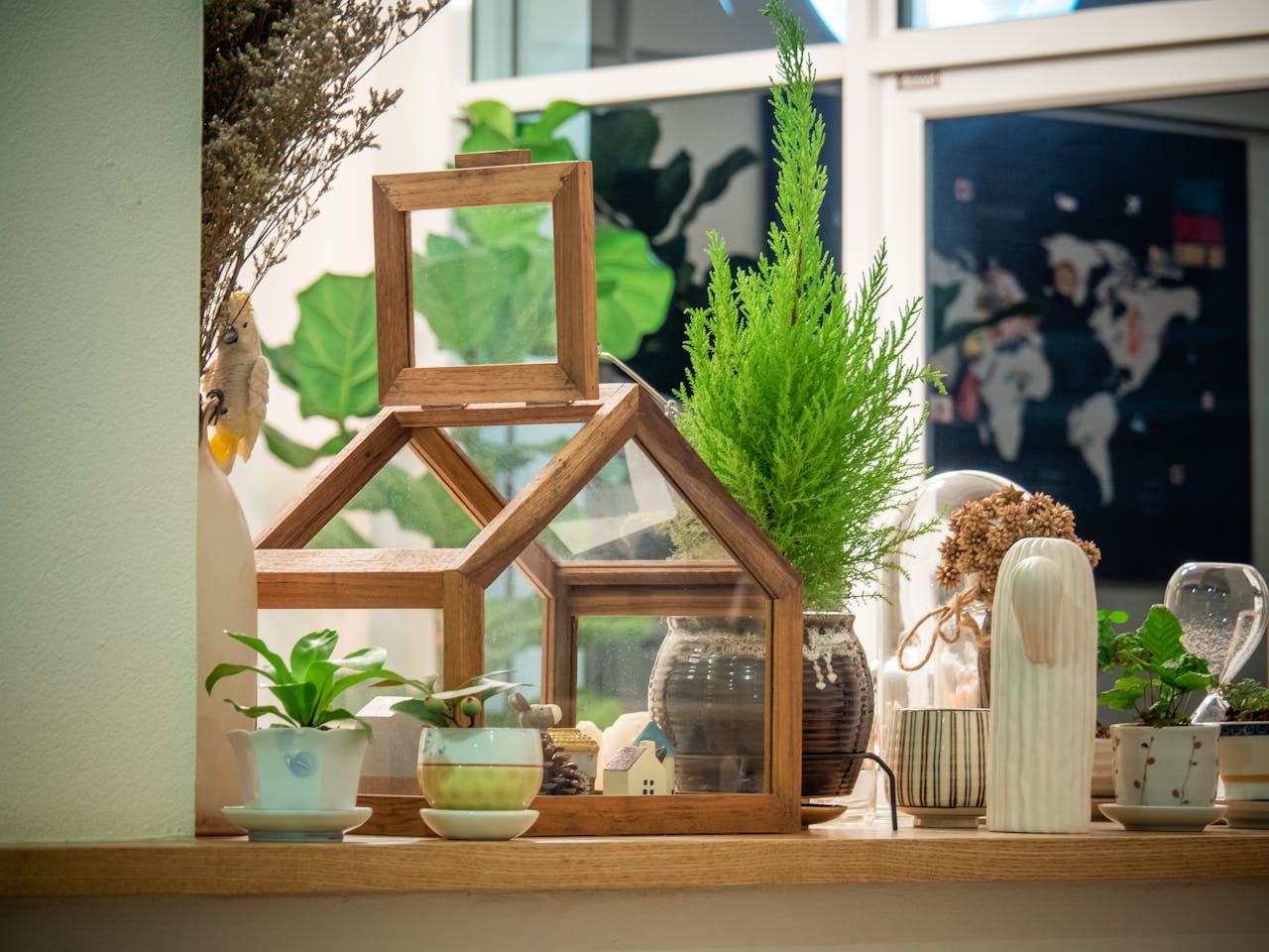 Cozy interior setting featuring wooden decor, table plants, and houseplants by a window.